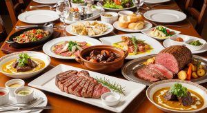 黒毛和牛のステーキ、ビーフシチュー、カレー、ローストビーフなどの様々な牛肉料理が並ぶテーブル