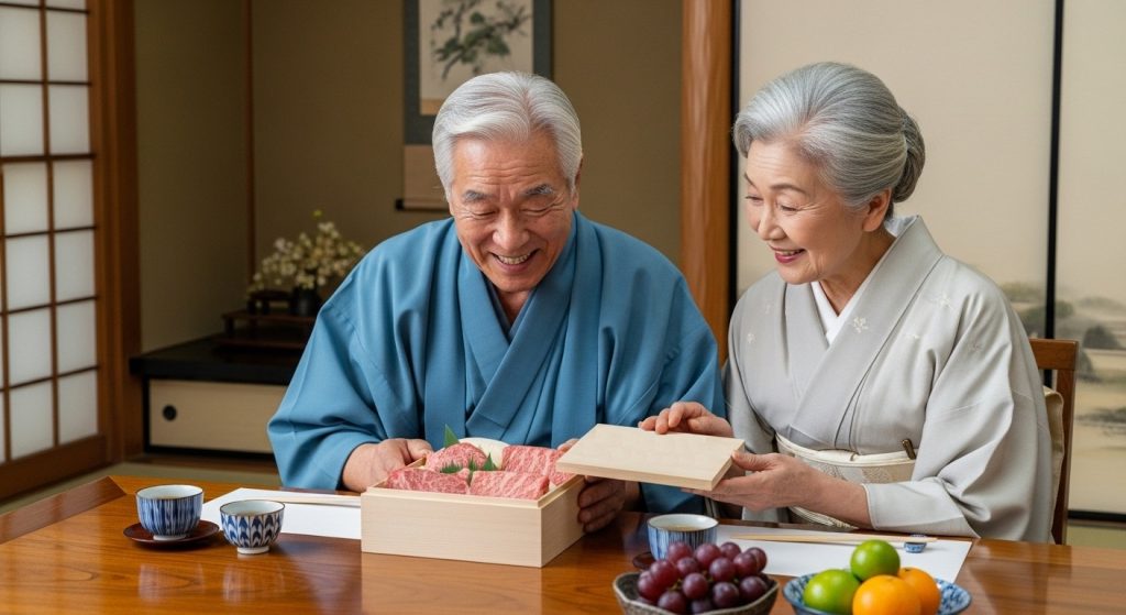 「敬老の日」に木箱に入った黒毛和牛の牛肉ギフトが届いて喜ぶ、おじいちゃんとおばあちゃん